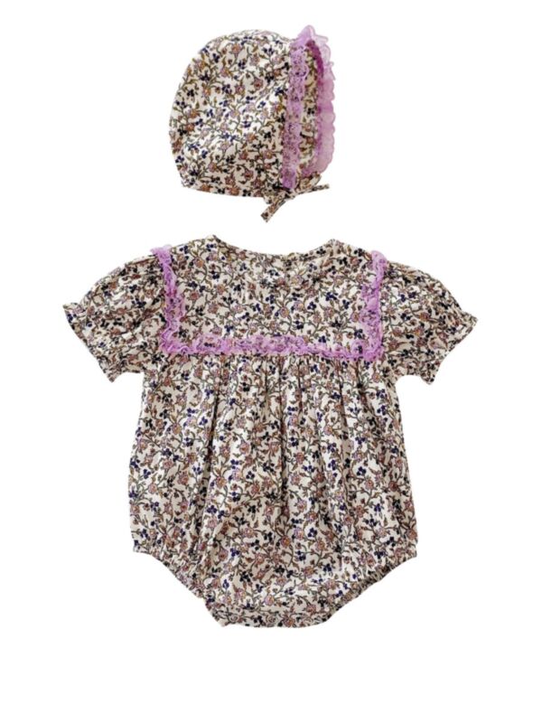 Ruffle Trim Flower Print Lace Detail Bodysuit And Hat Gray