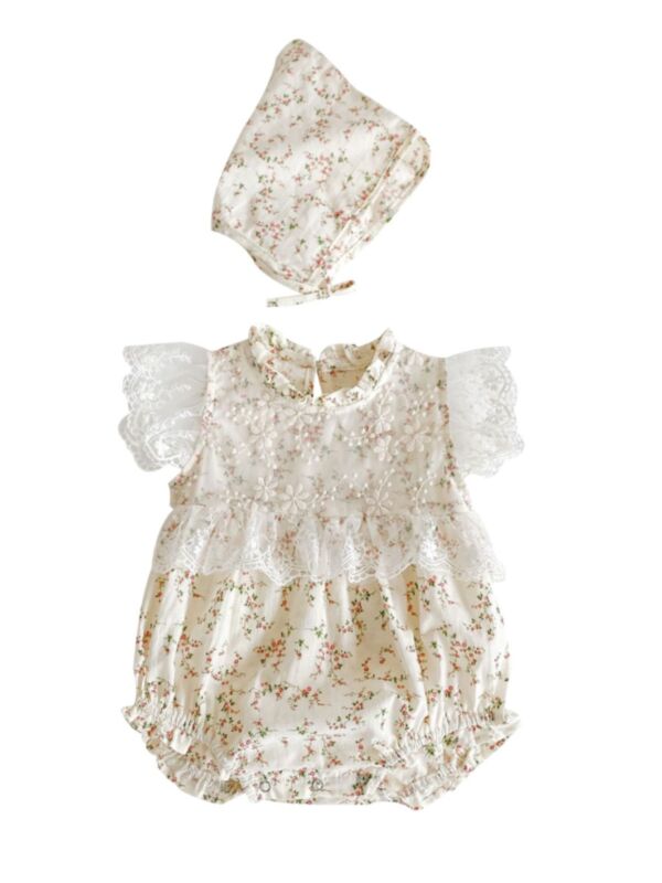 2 Pieces Baby Girl Floral Printed Lace Bodysuit And Hat Yellow