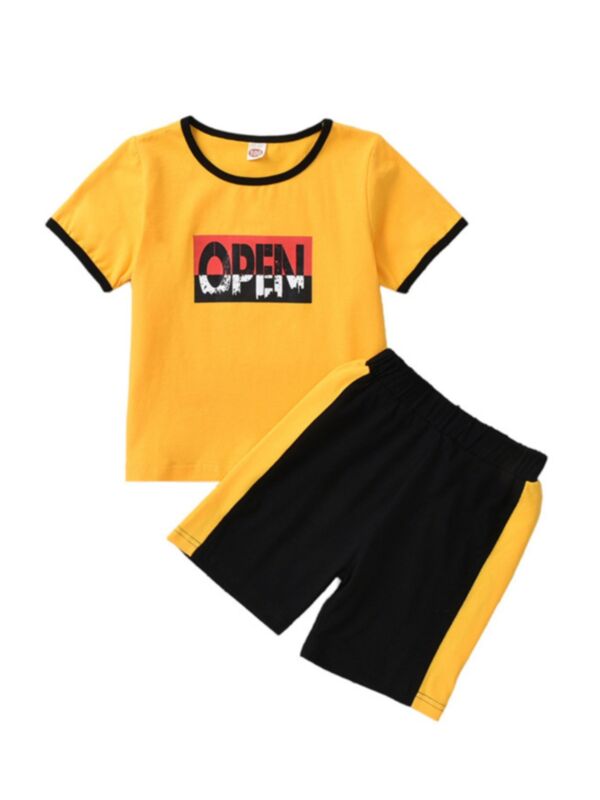 Kid Boy Two Pieces Set Letter Print Top And Shorts Yellow
