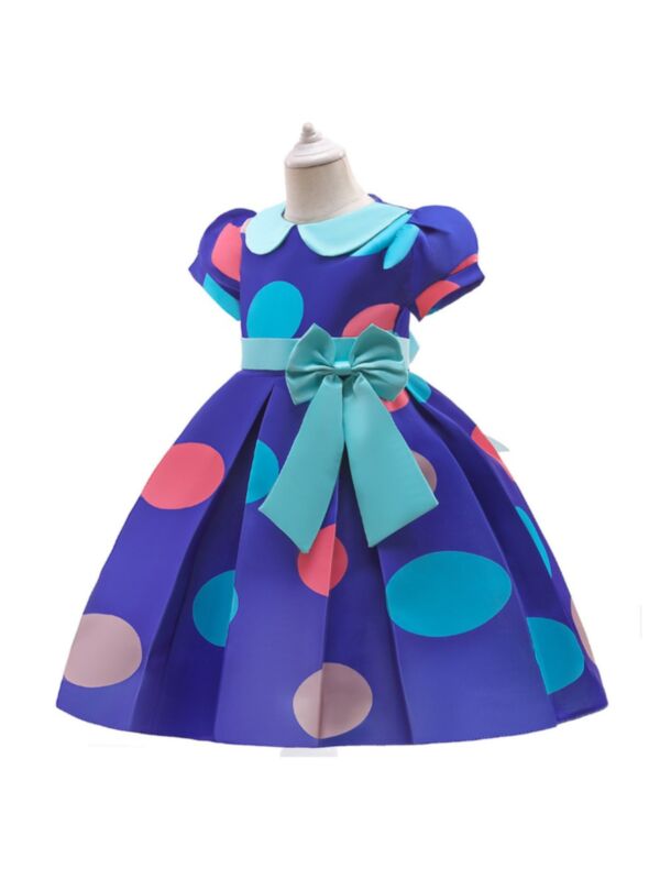 Polka Dots Bowknot Peter Pan Collar Little Girl Party Dresses 210529105
