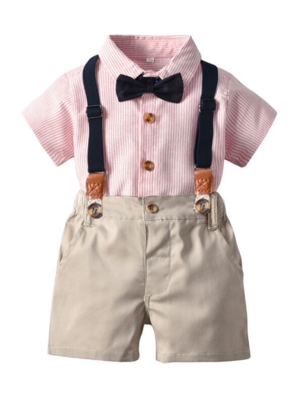 Two Pieces Baby Boy Gentleman Bow Shirt And Solid Color Suspender Shorts Set 210529583