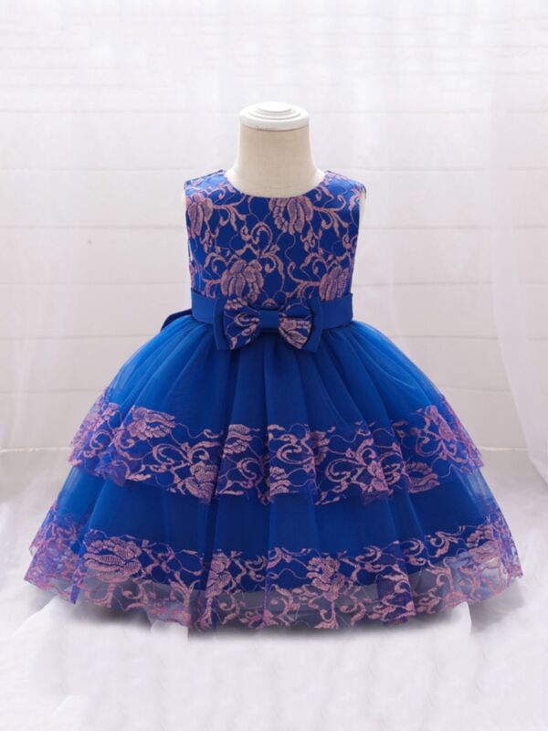 Flower Trim Kid Girl Gown Dress Mesh Bowknot Sleeveless 210529953