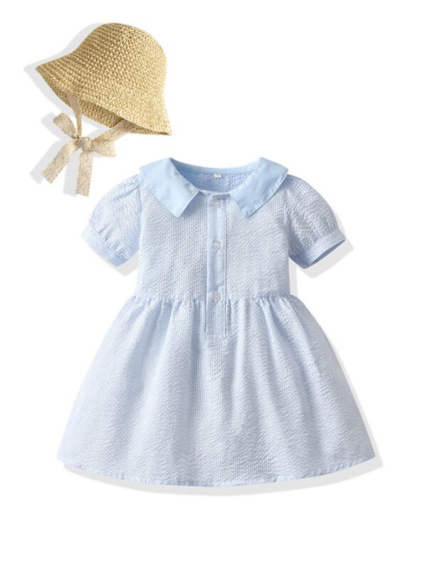 Kid Girl Puff Sleeve Botton Front Dress With Straw Hat Blue