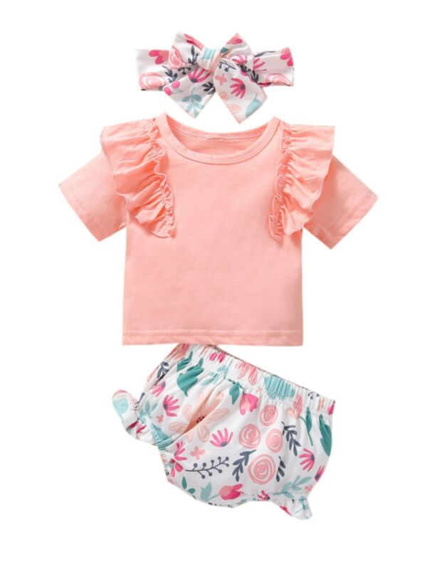 3 Pieces Infant Girl Pink Ruffle Trim Top & Flower Printed Shorts & Headband Set 21053053