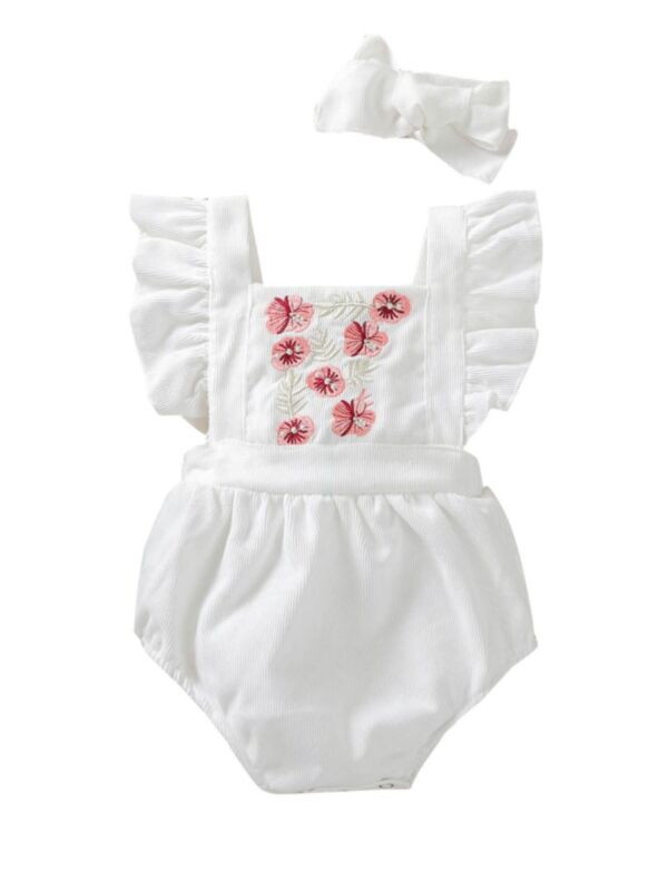2 Pieces Baby Girl Embroidery Flower Ruffle Trim  Bodysuit With Headband 21053054