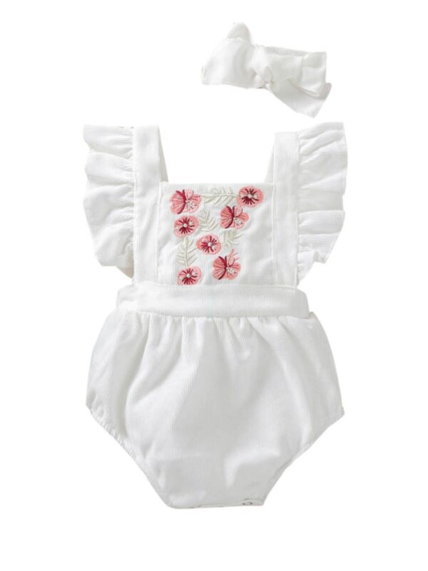 2 Pieces Baby Girl Embroidery Flower Ruffle Trim Bodysuit With Headband 21053054