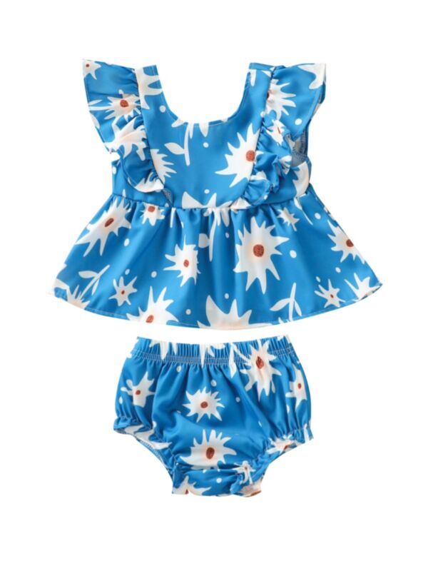 Two Pieces Baby Girls Sets Ruffle Trim Top With Shorts Blue