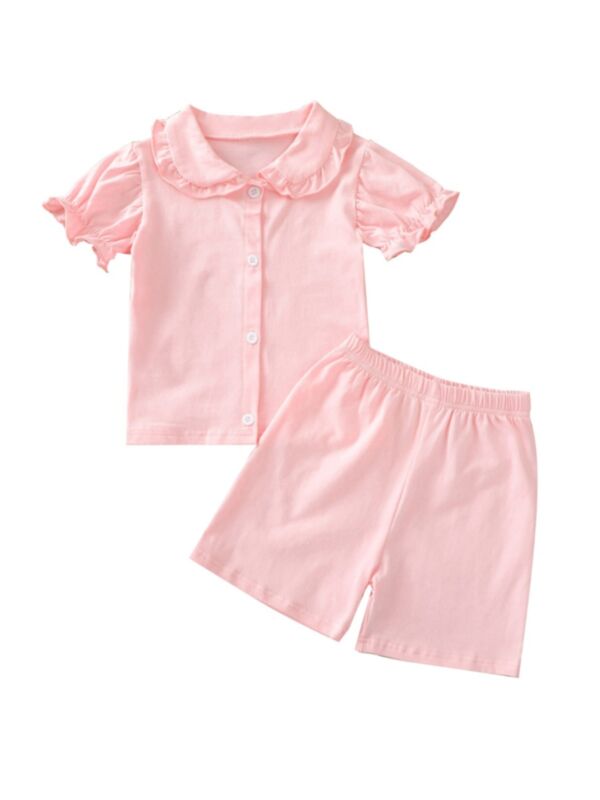 Two Pieces Kid Girl Plain Set Ruffle Trim Top With Shorts Pink