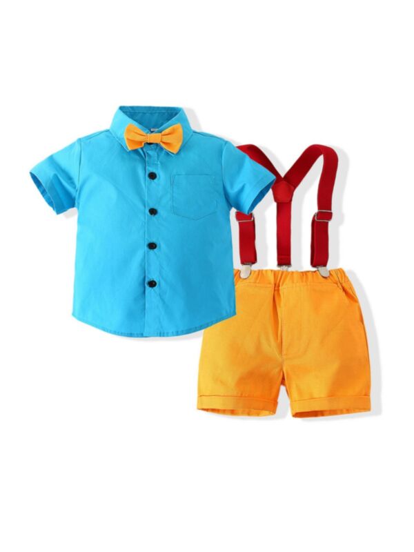 Two Pieces Kid Boy Solid Color Bow Tie Shirt And Suspender Short Set 210531188