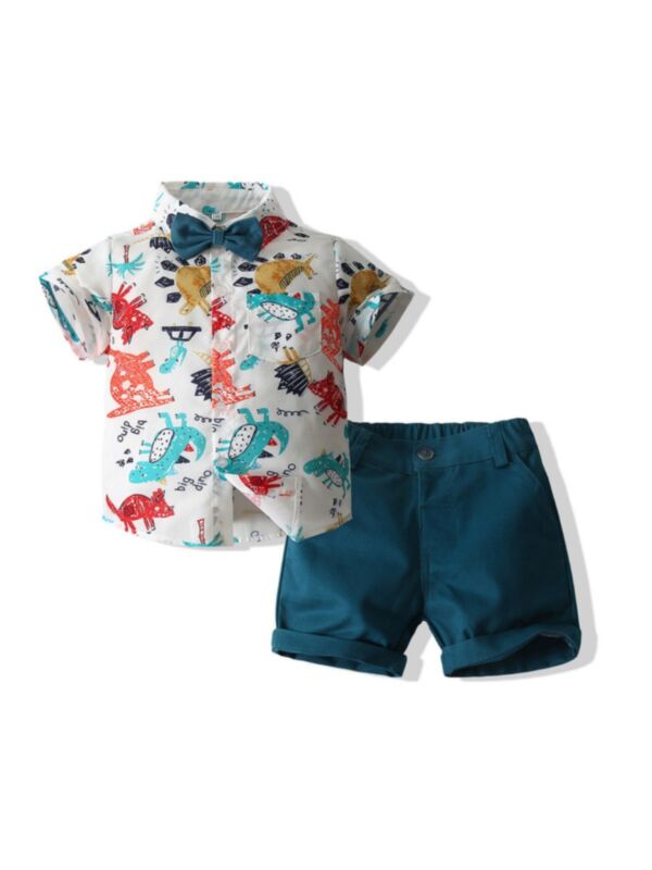 Two Pieces Kid Boy Dinosaur Print Bow Tie Shirt And Short Set 210531294