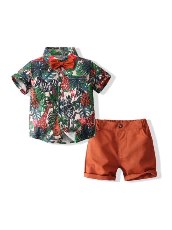 Two Pieces Kid Boy Animal Print Bow Shirt And Short Set Green
