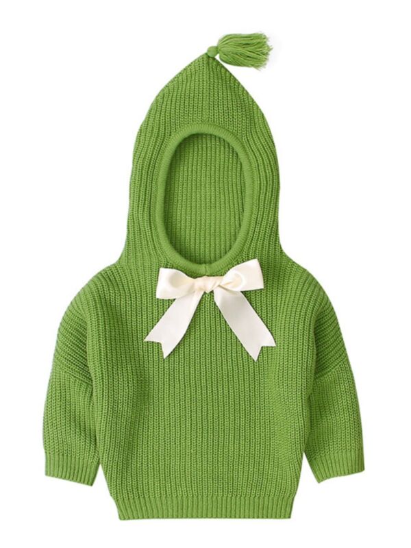 Baby Bow Detail Plain Knitted Hooded Top 210601909
