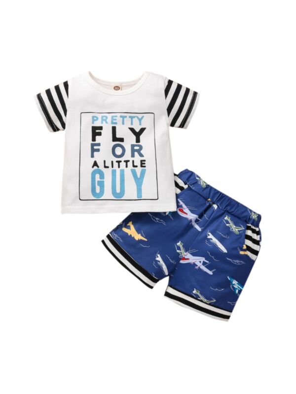 2 PCS Baby Toddler Boy Clothes Sets Letter Stripe Tee Matching Plane Print Shorts 210602046