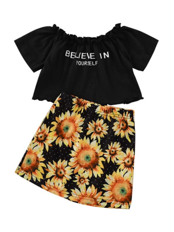 Two Pieces BELIEVE IN YOURSELF Sunflower Print Big Girls Clothing Sets Top And Skirt 210602291
