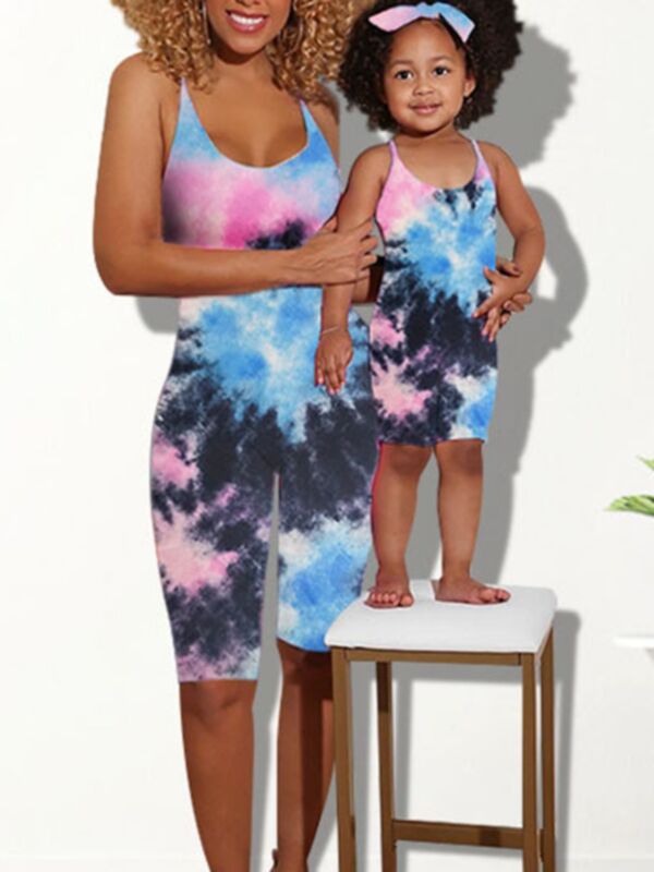 Mommy And Me Tie Dye Cami Romper Gray