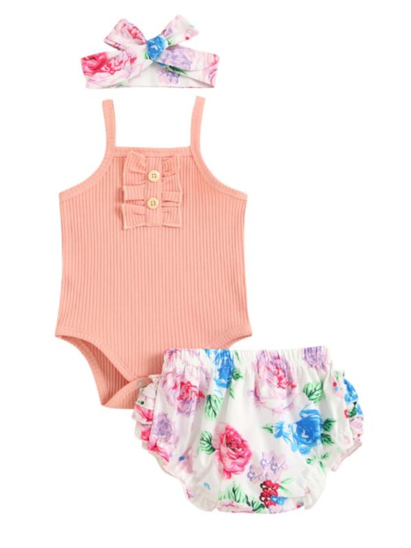 Three Pieces Flower Print Baby Girl Outfit Sets Ribbed Cami Bodysuit Short Headband 210604070