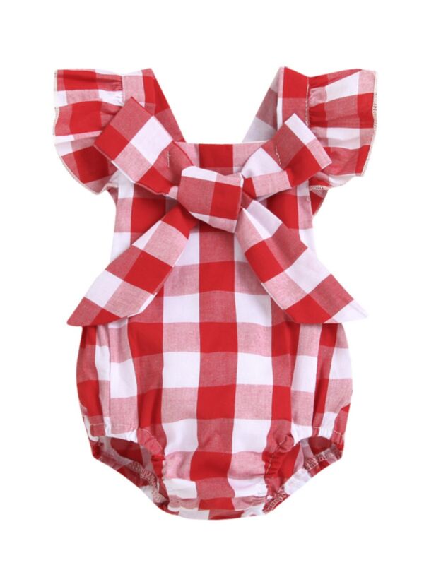 Newborn Checked Print Bow Baby Girl Bodysuit 210604179