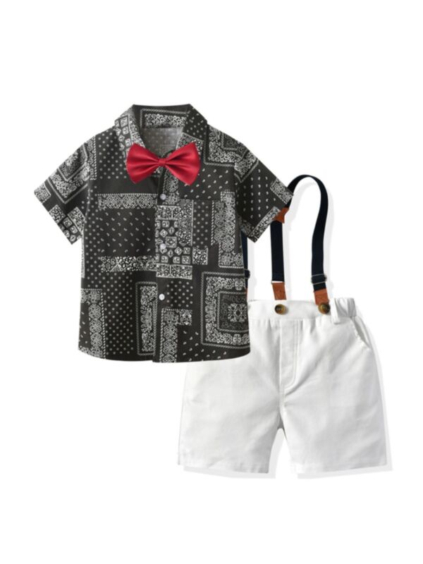 Four-piece Boho Print Boys Suit Sets Bowtie Shirt Suspender Shorts 210604243