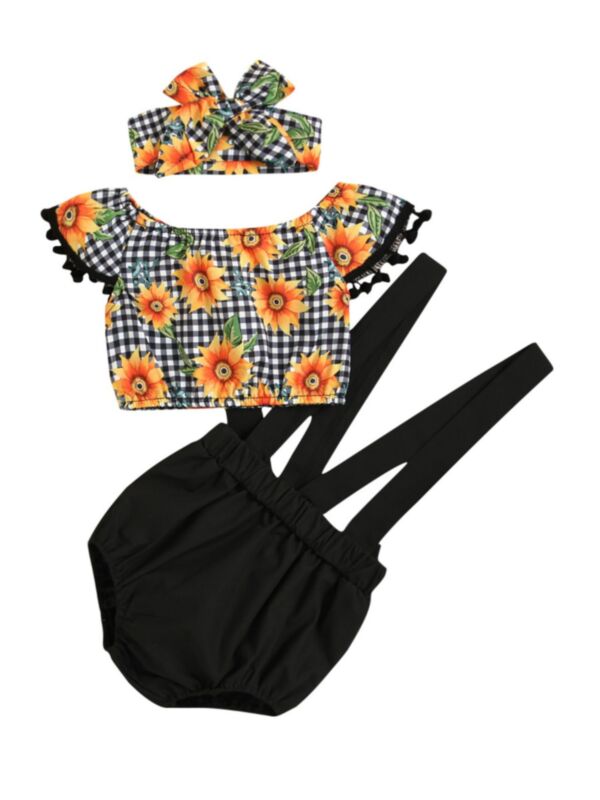 Three Pieces Baby Girls Sets Sunflower Checked Top & Suspender Shorts & Headband 210604662