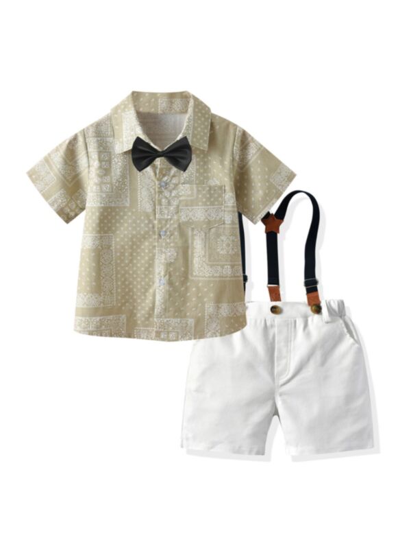 Four-piece Boys Suit Sets Boho Print Bowtie Shirt Suspender Shorts 210604730