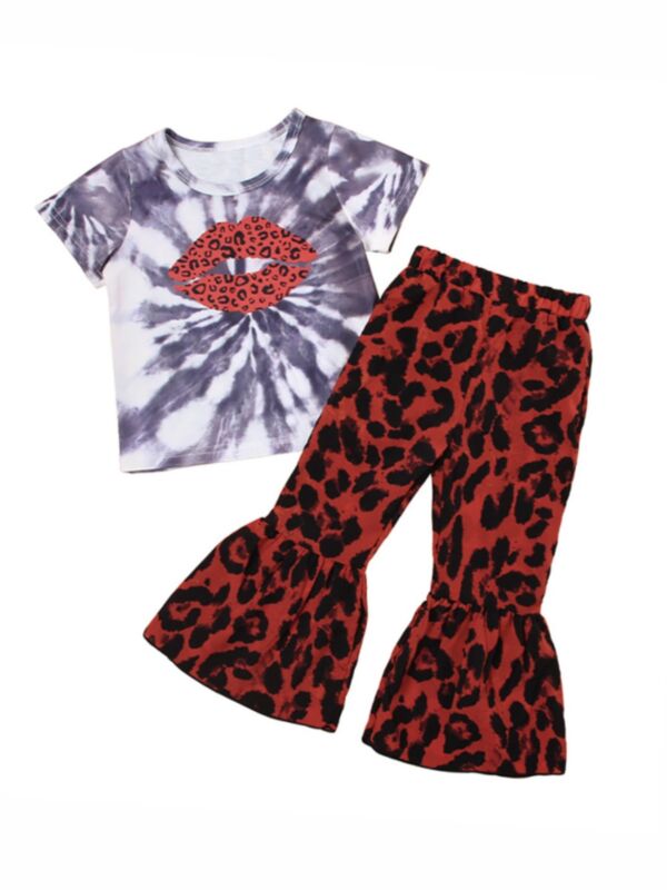 Two Pieces Set Toddler Girl Tie Dye Lip Top With Leopard Flared Pants 210605724