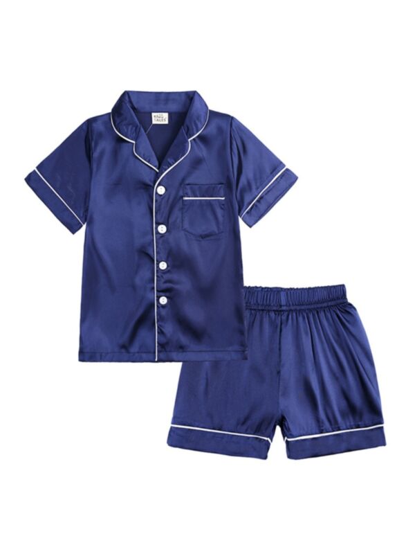 Two Pieces Kid Silk Pyjamas Set Top And Shorts Blue