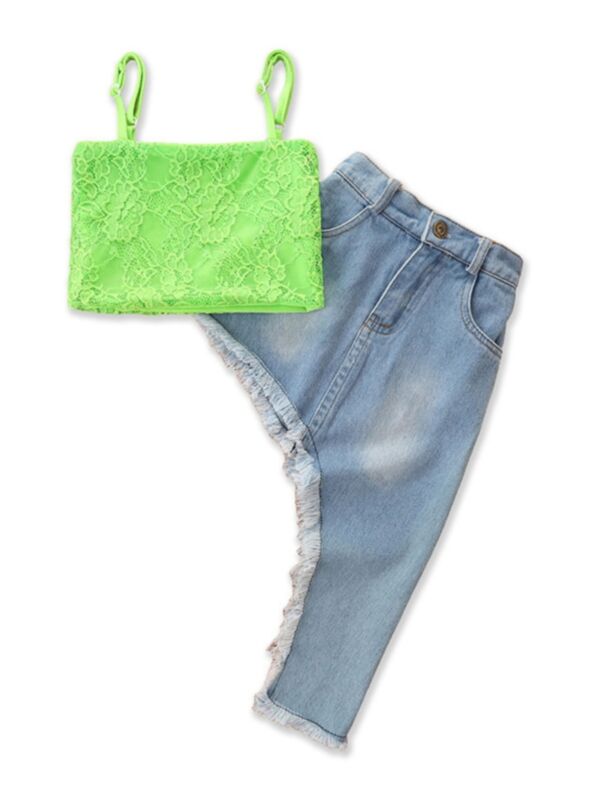 Girl Two Pieces Sets Lace Crop Cami Top And Irregular Hem Denim Skirt 210607592