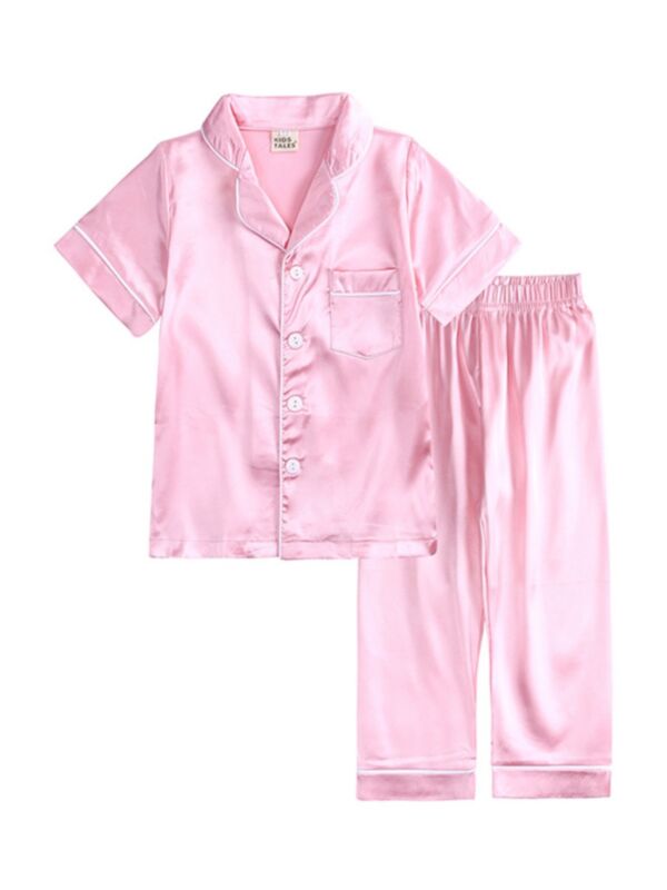 Two Pieces Kid Silk Pyjamas Set Top And Pants Pink