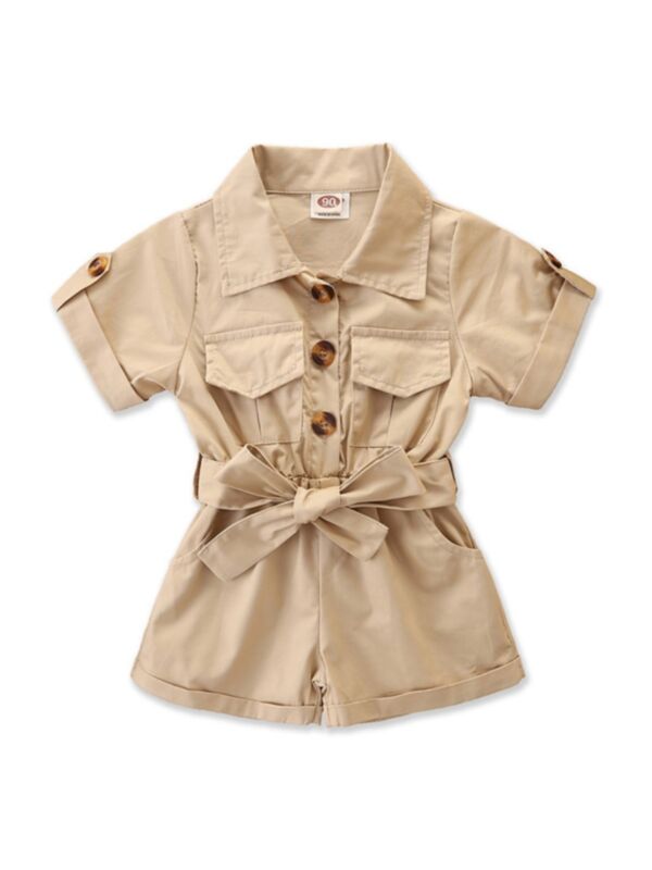 Solid Color Self Tie Kid Girl Cargo Romper Khaki