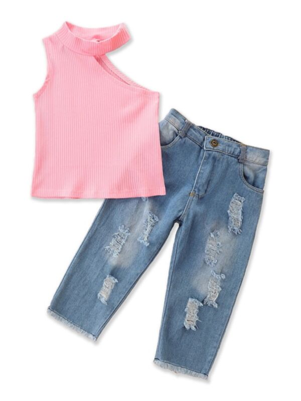 Two Pieces Girls Clothing Sets Halter Neck Top And Jeans 210607849