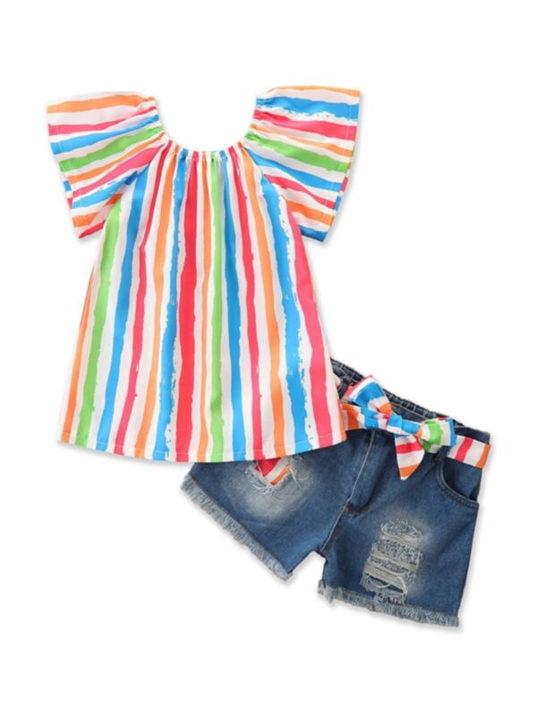 Two Pieces Girls Sets Stripe Top And Denim Shorts 210607863