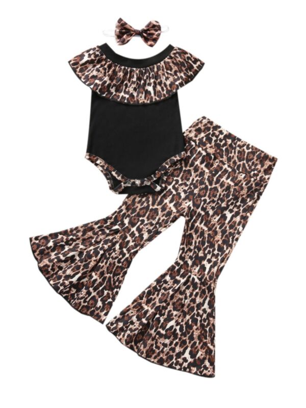 Three Pieces Baby Girl Set Leopard Print Bodysuit & Flared Pants & Headband 210607872