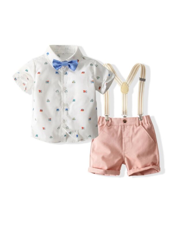 4 Pieces Kid Boys Suit Sets Car Print Bowtie Shirt And Suspender Shorts 210608820