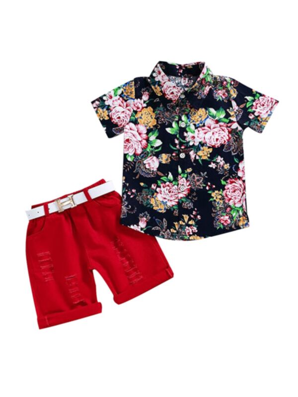 Two Pieces Kid Boy Flower Printed Shirt With Belt Shorts 210609519