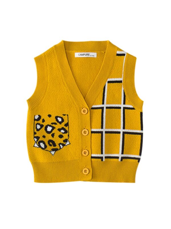 Kid Knit Vest Leopard Checked Button Up Yellow