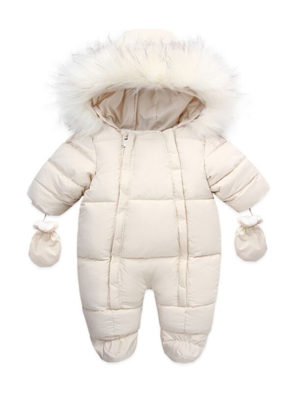 Unisex Zipper Padded Baby Jumpsuits With Gloves Beige