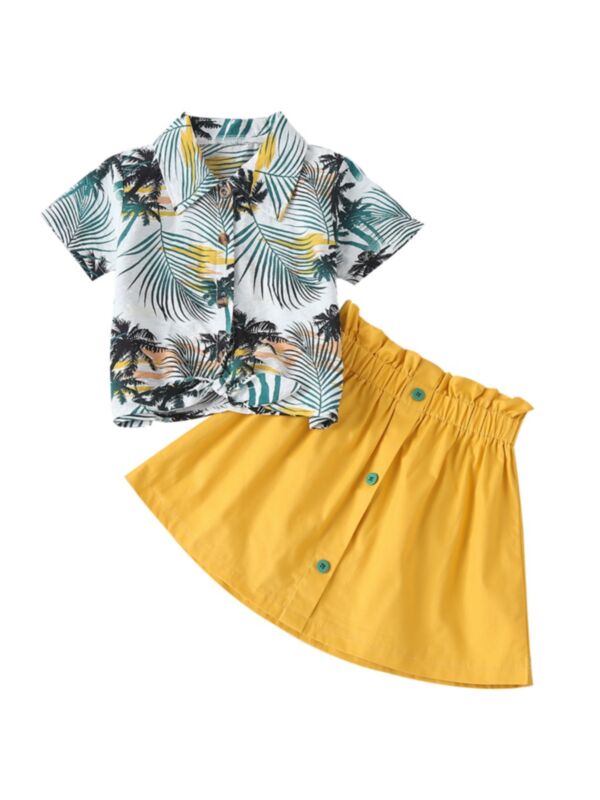 2 Pieces Tie-up Hem Leaves Print Girl Set Top And Skirt 21061343