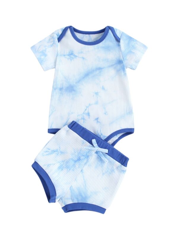 2 Pieces Infant Boy Tie-dye Outfit Ribbed Bodysuit Matching Shorts Blue