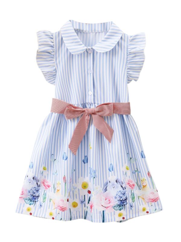 Kid Girl Striped Flower Animal Print Flutter Sleeve Belted Dress 210615021