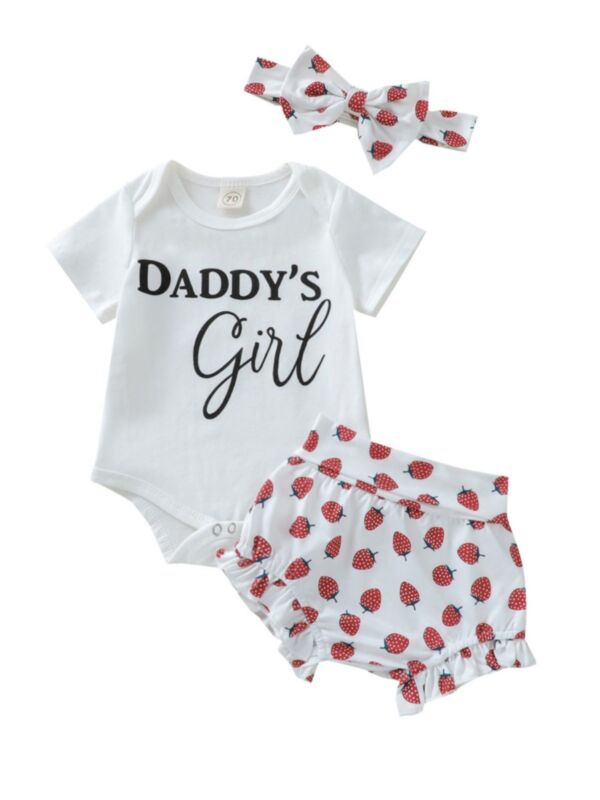 Three Pieces Baby Girl Outfit Sets Letter Print Bodysuit & Rainbow Strawberry Shorts & Headband 210615475
