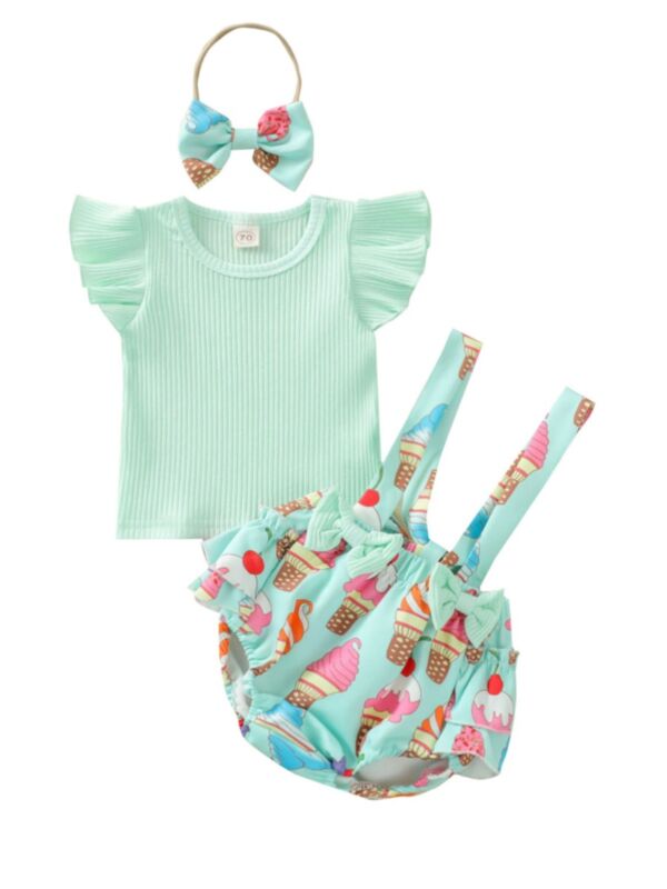 Three Pieces Baby Girl Outfit Sets Ribbed Flutter Sleeve Top & Ice Cream Rainbow Print Supsender Shorts & Headband 210615773