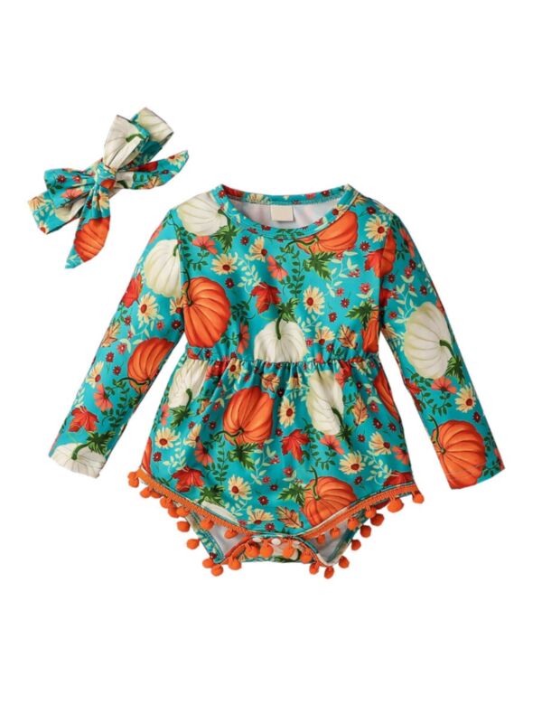 Pumpkin Print Pom Pom  Halloween Baby Bodysuits Wholesale 210617365