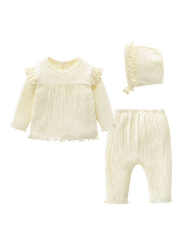 Three Pieces Infant Girl Set Solid Color Top & Pants & Hat 210617564