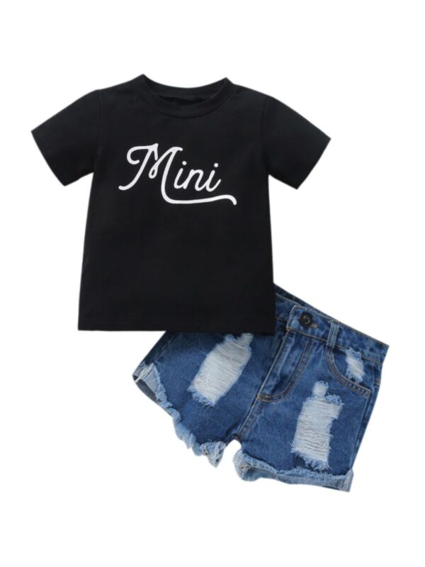 Two Pieces Set Kid Girl Mini Print Tee And Distressed Denim Short 21062061