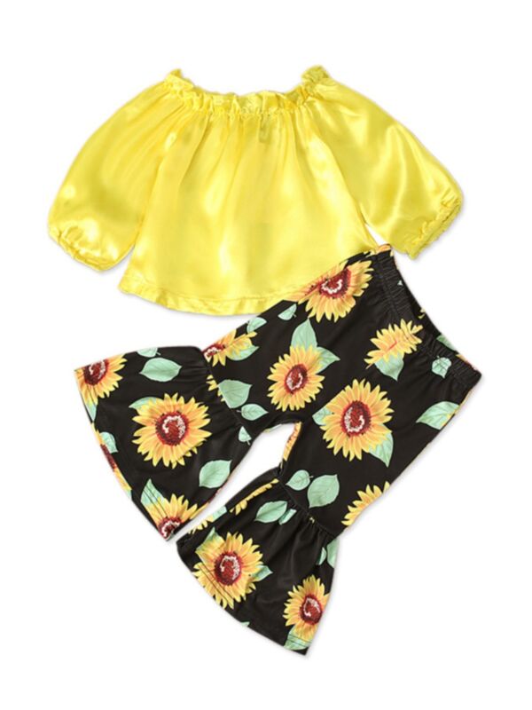 2 Pieces Ruffle Trim Solid Color Top And Flare Pants Set 210621337