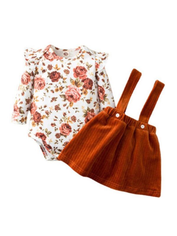 2 Pieces Floral Print Bodysuit And  Denim Pant Set 210621437