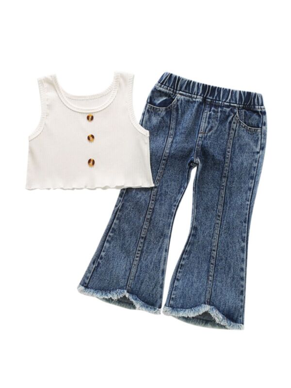 2 Pieces Solid Color Crop Tank Top And Denim Pant Set 210621664
