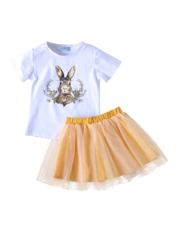 2 Pieces Rabit Print Tee And Solid Color Mesh Skirt Set 210621997