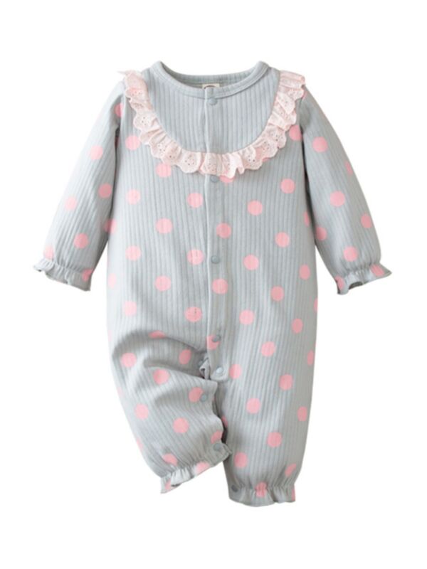 Polka Dots Ruffle Trim Ribbed Baby Girl Jumpsuit 210622011
