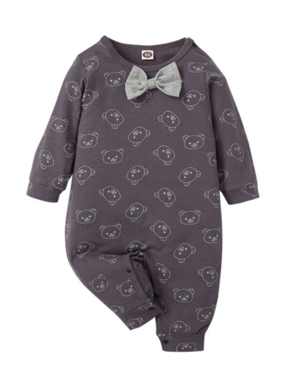 Bear Print Bow Baby Boy Jumpsuit 210622469